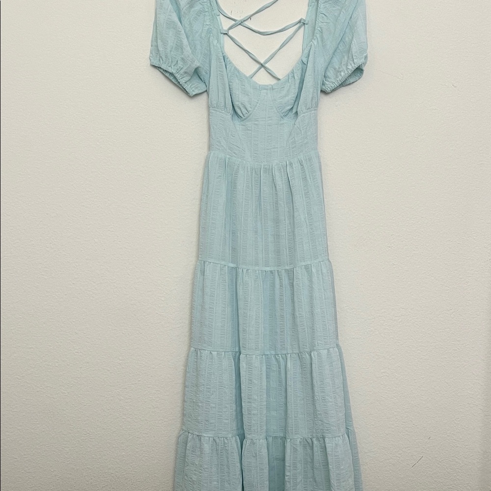 Light Blue Puff Sleeve Maxi Dress with Open Back & Crisscross Tie Detail
